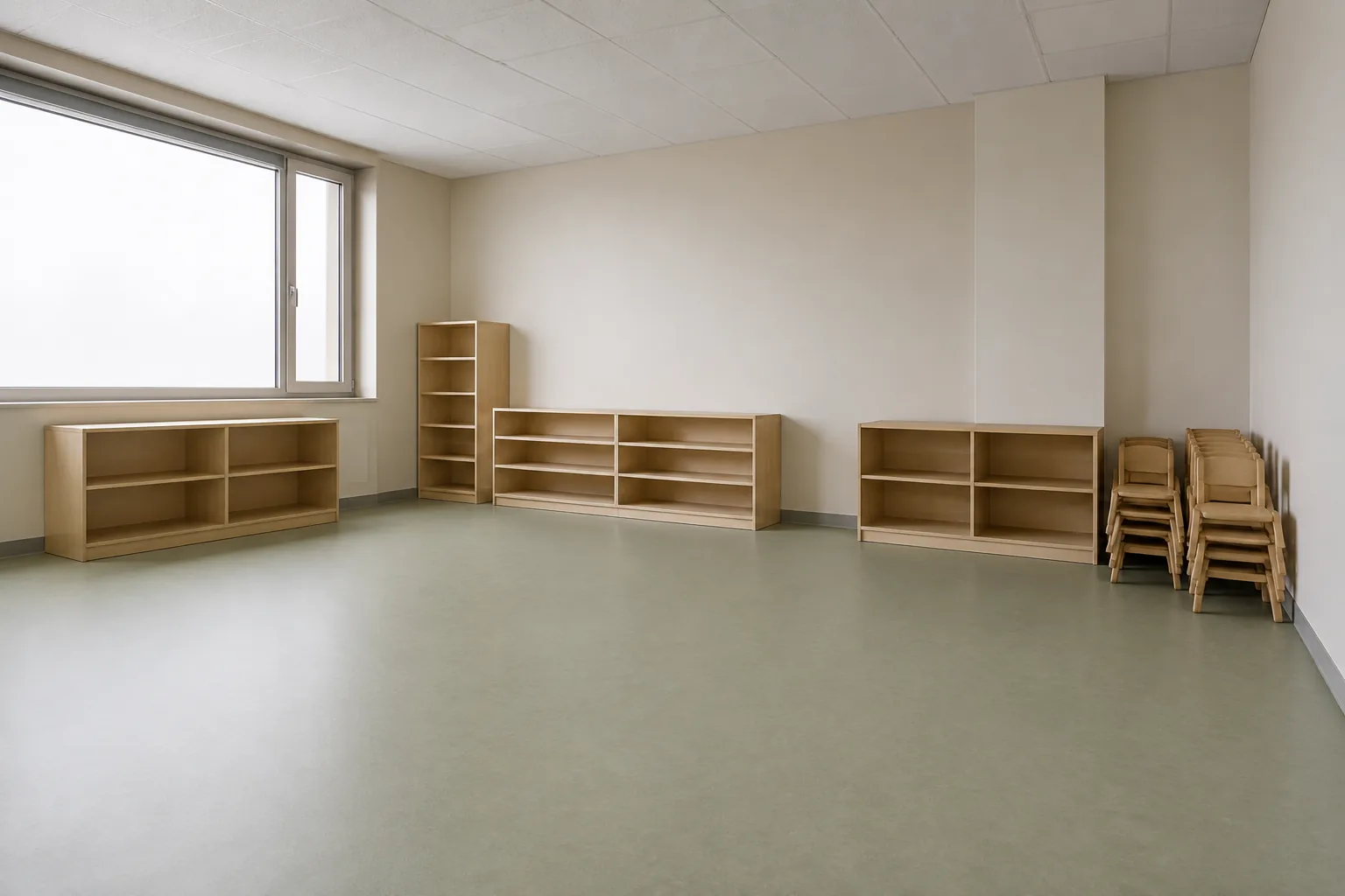 Leerer Gruppenraum mit Linoleumboden, niedrigen Holzregalen und gestapelten Kinderstühlen.